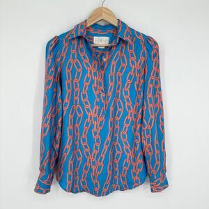 Julie Brown 100% Silk Blouse Equestrian Chain Printed Puff Long Sleeve Shirt Top